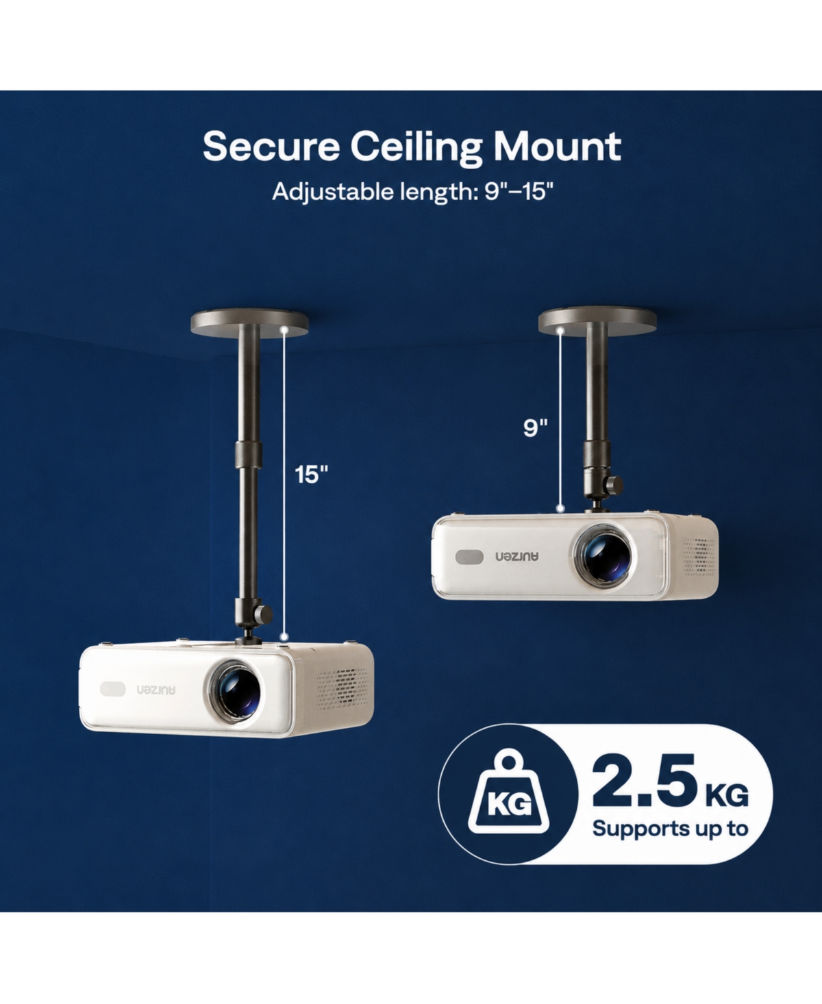 Aurzen Mini Ceiling Projector Mount, 1/4-Inch Screw, Adjustable 9"-15" Length, 360degree(s)Rotation and 90degree(s)Tilt, for Most Projectors
