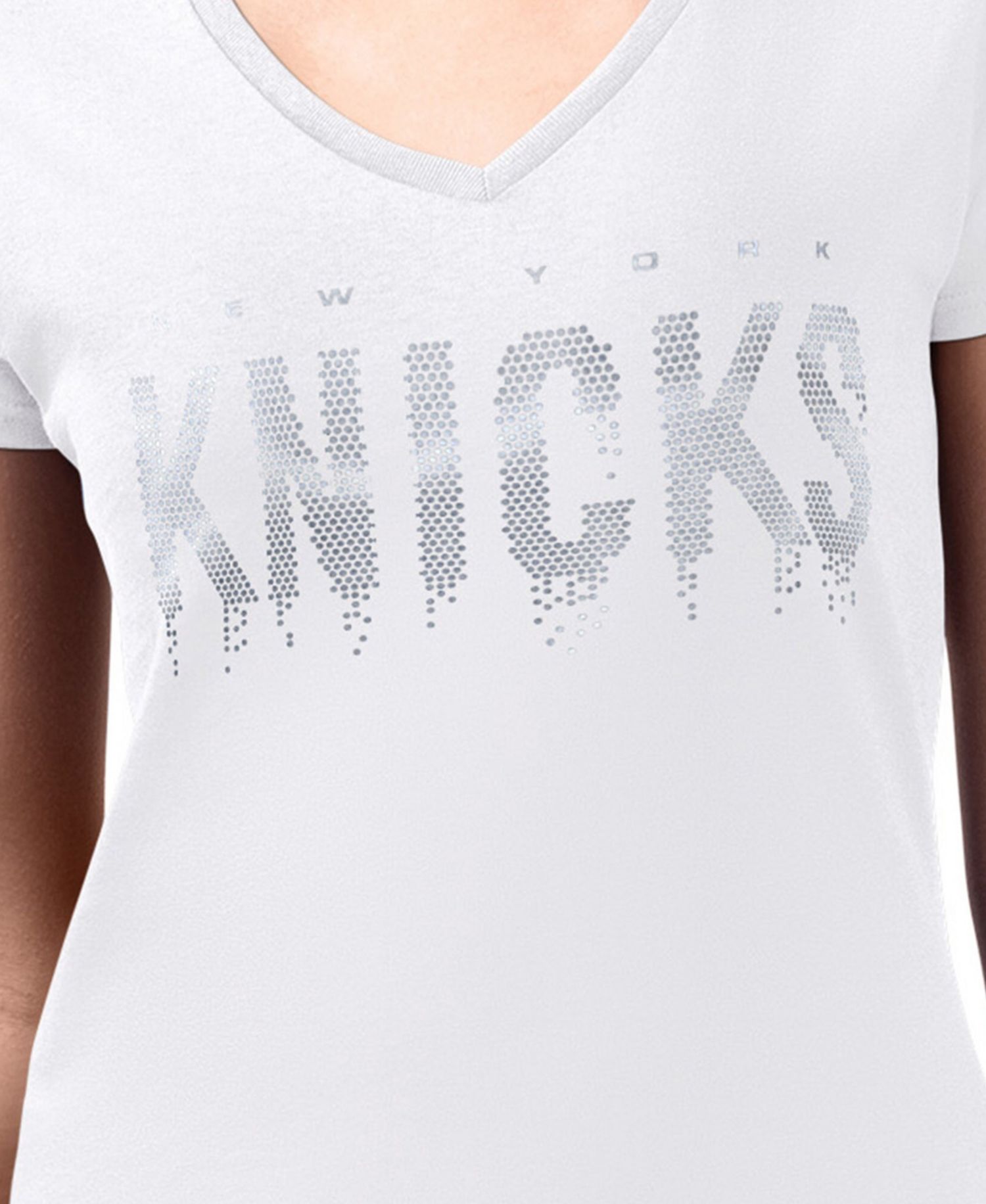 Women's White New York Knicks Super-Slim-Fit Metallic Drop Lightweight V-Neck T-Shirt