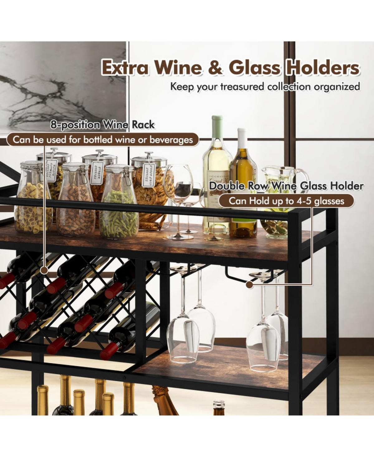 Gouun 3-Tier Bar Cart on Wheels with Wine Rack and Stemware Holder