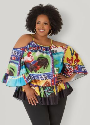 Women's Plus Size Printed Satin Cold Shoulder Blouse