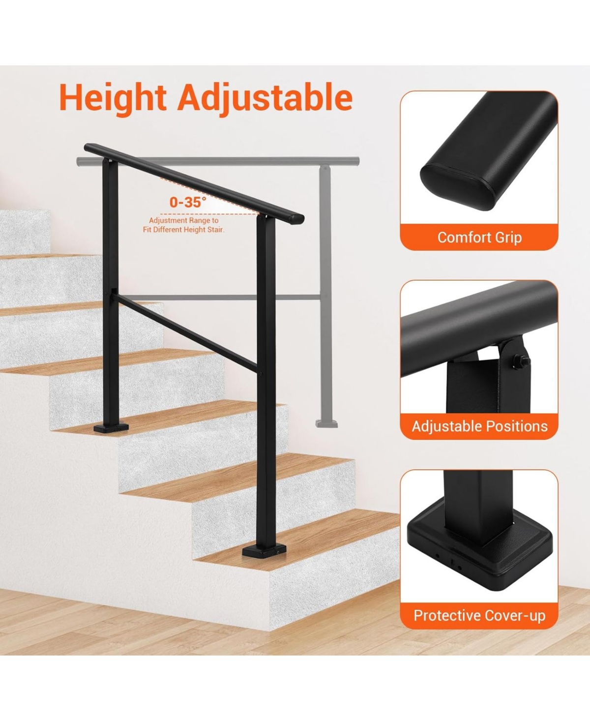 gaomon 3-Step Outdoor Stair Handrail Matte Metal Railing Kit Adjustable Height Concrete and Wooden Steps Installation
