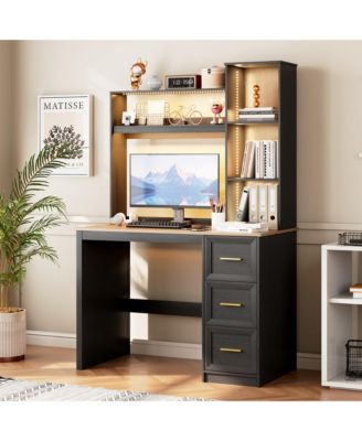 Modern Home Office Desk LED Lit with Drawers and Bookcase