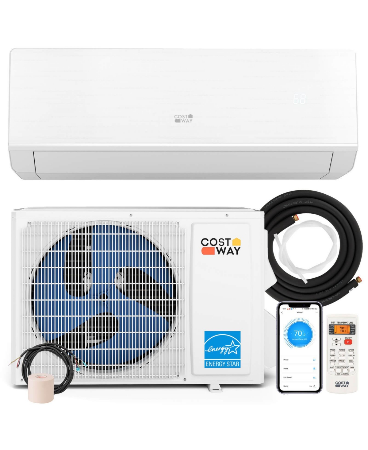 Costway 12000 Btu 230 V Mini Split Air Conditioner and Heater with 1 Ton Heat Pump Installation Kit