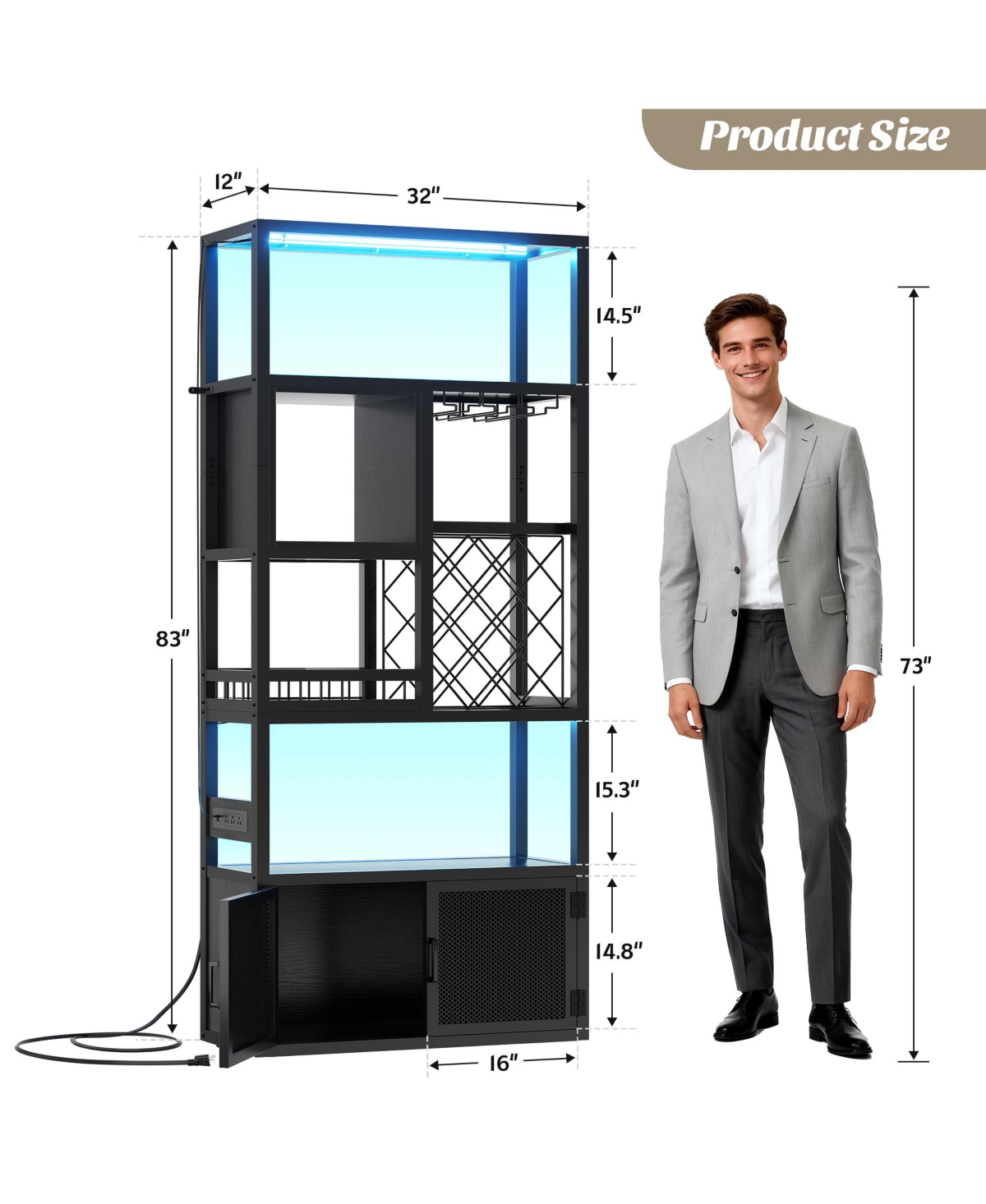 Aheaplus Tall Wine Bar Cabinet with Led Light and Charging Station, 7-Tier