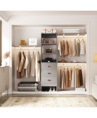 Closet System with 3 Hanging Rods, 3 Drawers and 3 Shelving Tower, 5-8 Feet Walk-in Closet Organizer