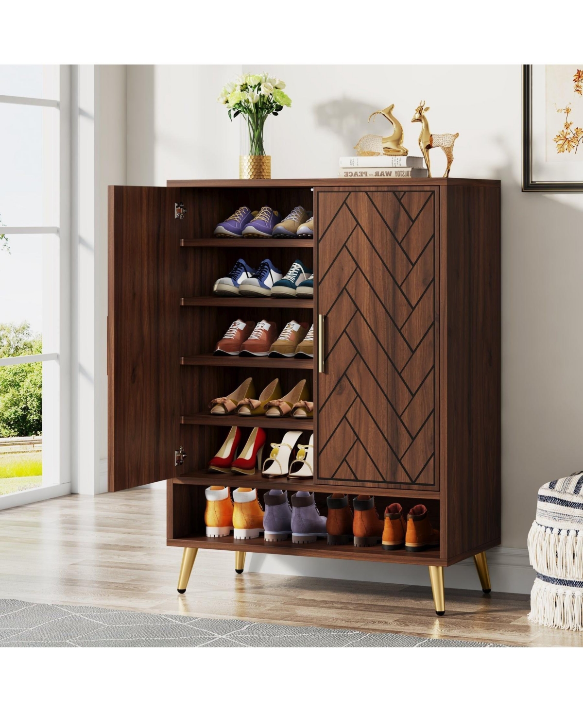 Slickblue Wooden Shoe Cabinet with 6 Tier Adjustable Storage Shelves