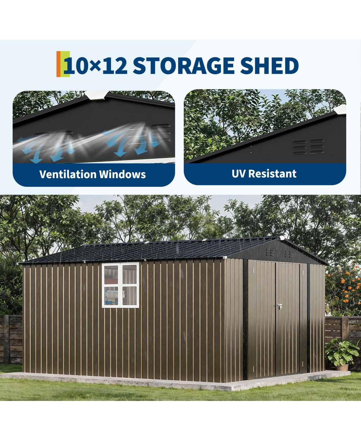 GarveeLife Outdoor Metal Storage Shed with Floor Frame Clear Window and Lockable Doors for Garden Backyard and Patio Use
