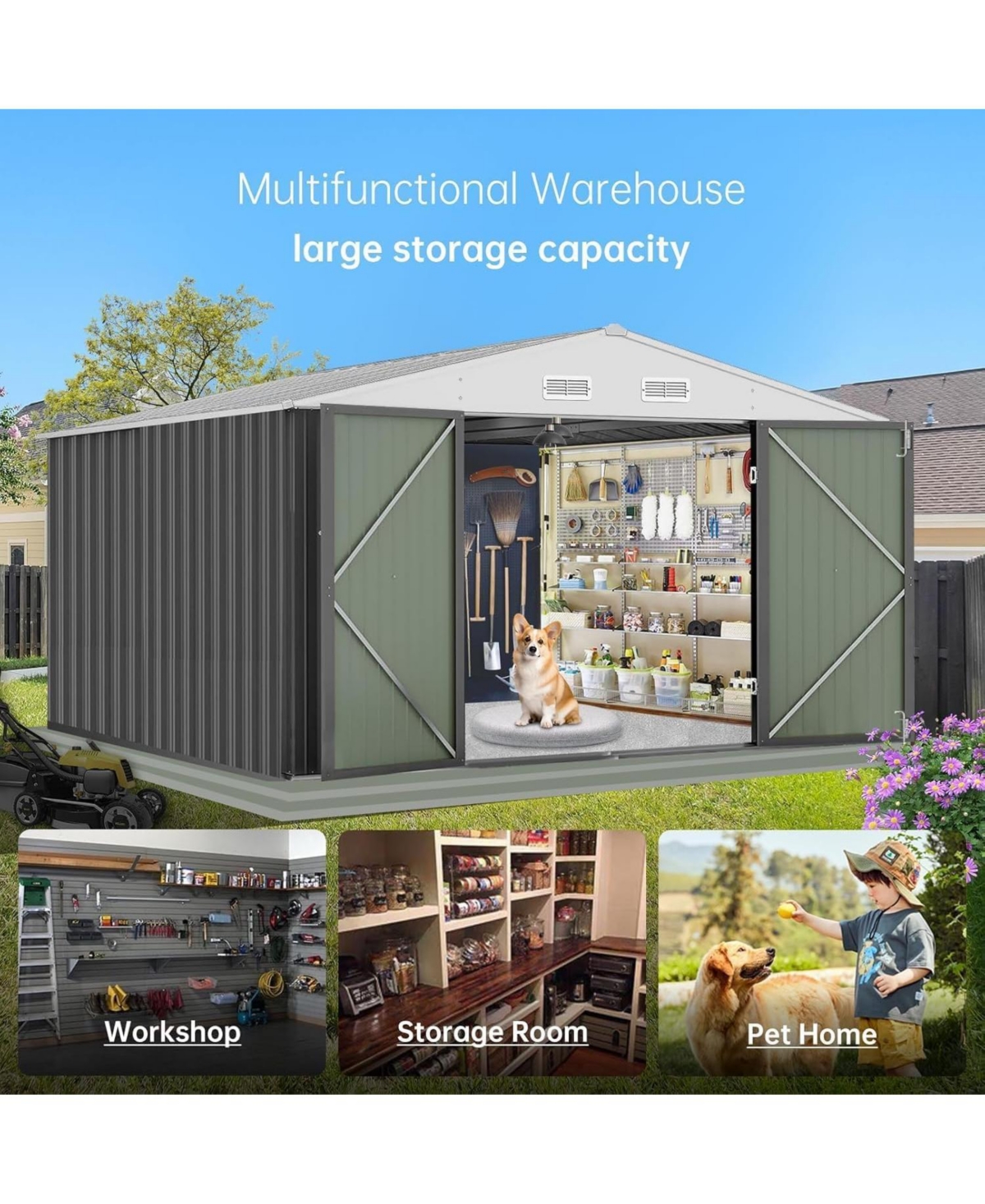 GarveeLife Waterproof Outdoor Metal Storage Shed Kit With Updated Frame Structure And Lockable Double Door For Backyard Garden Patio Use