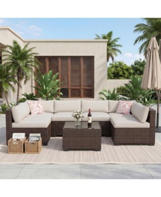 7-Piece Wicker Patio Sectional Sofa, Outdoor Conversation Set with Washable Cushions and Glass Coffee Table for Garden Poolside Backyard