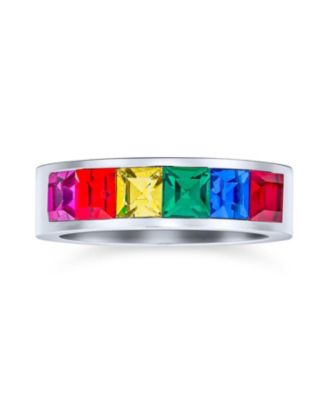 Rainbow Band Ring CZ Colorful Silver Tone Stainless Steel 8MM