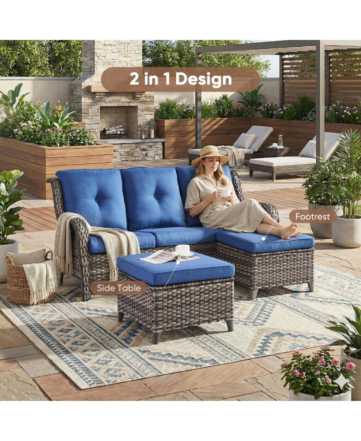 Pocassy 6 Pieces Outdoor Patio Furniture Set Wicker Sectional Sofa with 2 Chairs,Ottomans,Coffee Table
