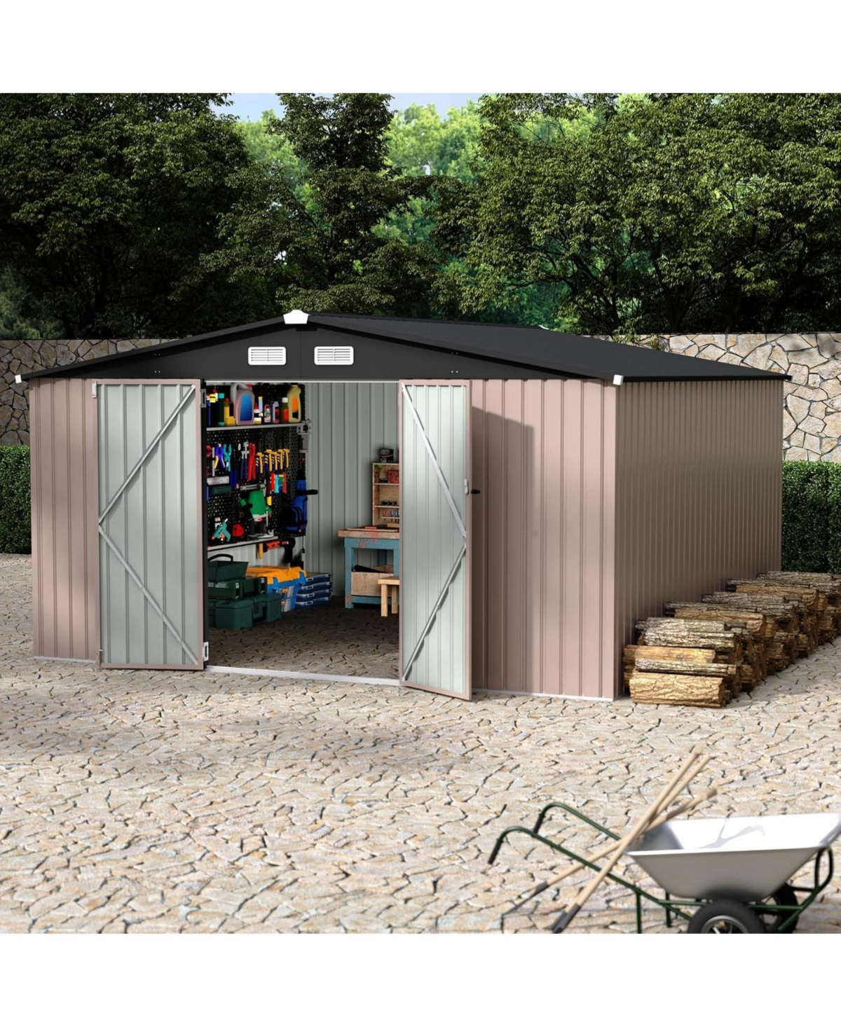 GarveeLife Durable Steel Outdoor Metal Storage Shed With Lockable Security Door Ventilation Vents Easy Assembly For All Season Backyard Patio Lawn Use