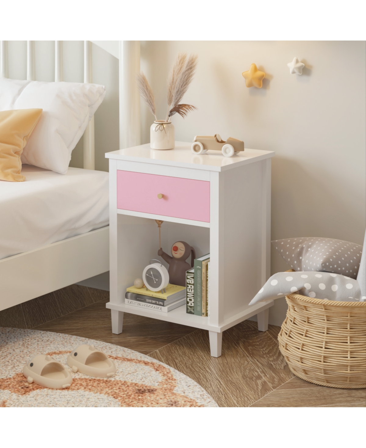 Rainsken Wooden Nightstand with Drawer and Open Storage Shelf, Modern Bedside Table, End Side Table for Bedroom Living Room
