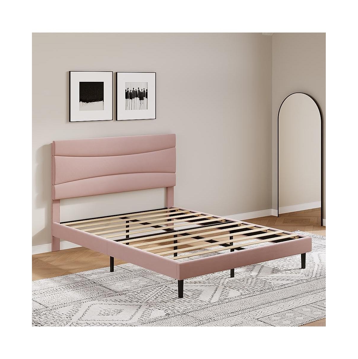 gaomon Queen Upholstered Bed Frame with Soft Pink Padded Headboard, Metal Slat Support, Noise-Free, Heavy-Duty
