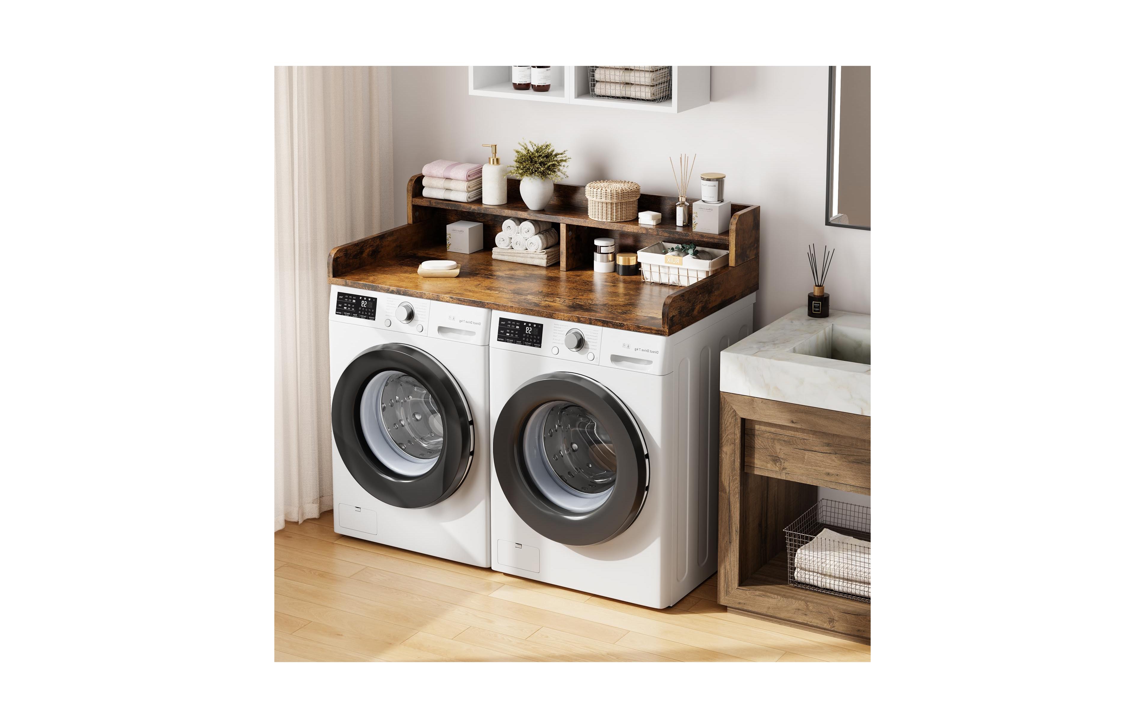 homfan Washer Dryer Countertop, 54.3" x 27.6" Wooden Laundry Countertop with Edge Rails, Washer and Dryer Topper for Laundry Room Organization