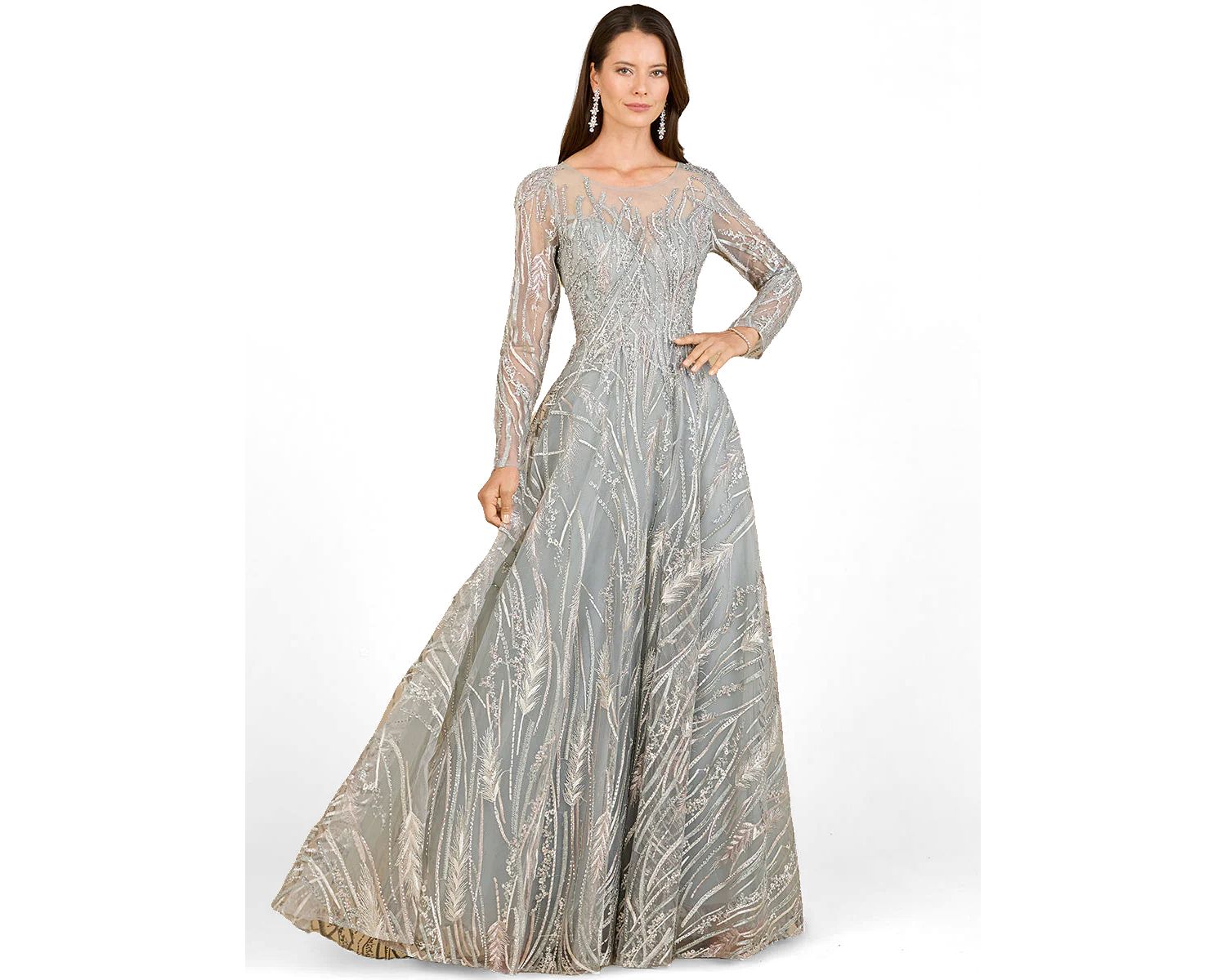 Women's Long Sleeve Illusion Neck Gown