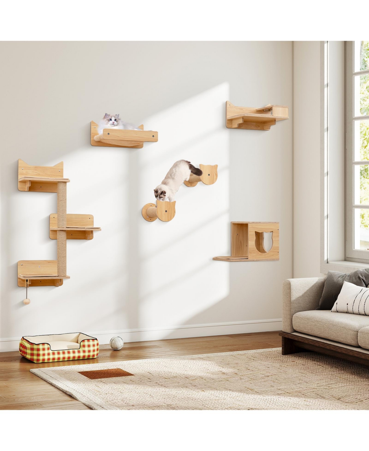 Cozito 6 Piece Cat Wall Furniture Set with Wall Mounted Shelves and Bowls