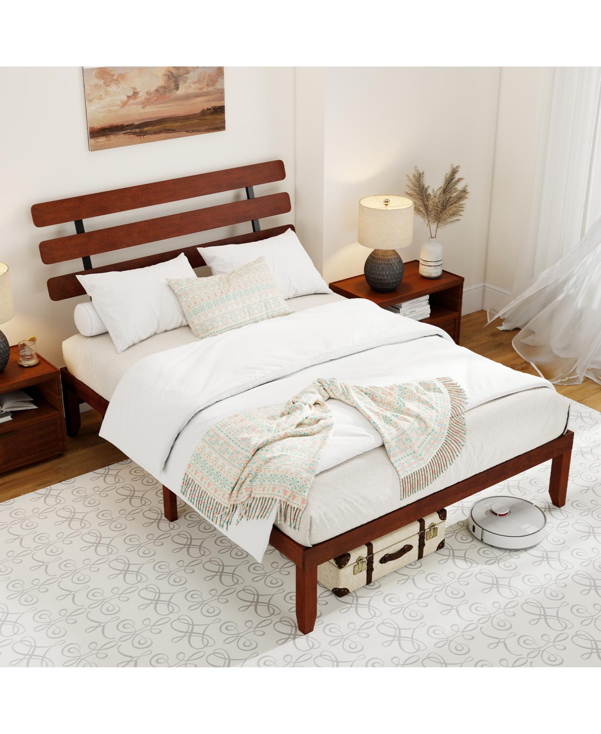 Slickblue Stylish Wooden Bed Frame with Retro Headboard
