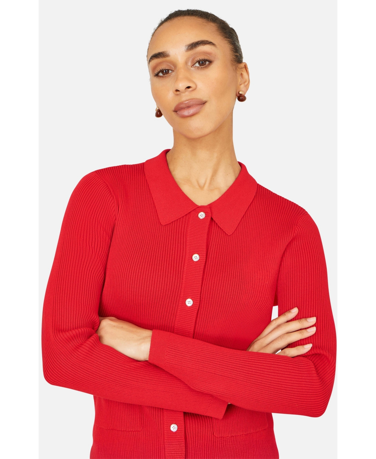 Yumi Women's Ribbed Collar Button Up Cardigan