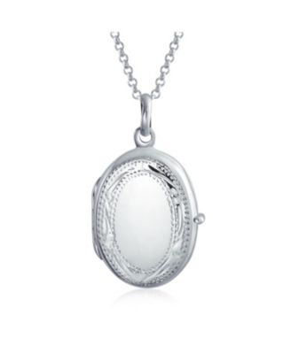 Sterling Silver Oval Photo Locket Necklace with Etched Leaf Scroll Design Holds Two Memory Pictures