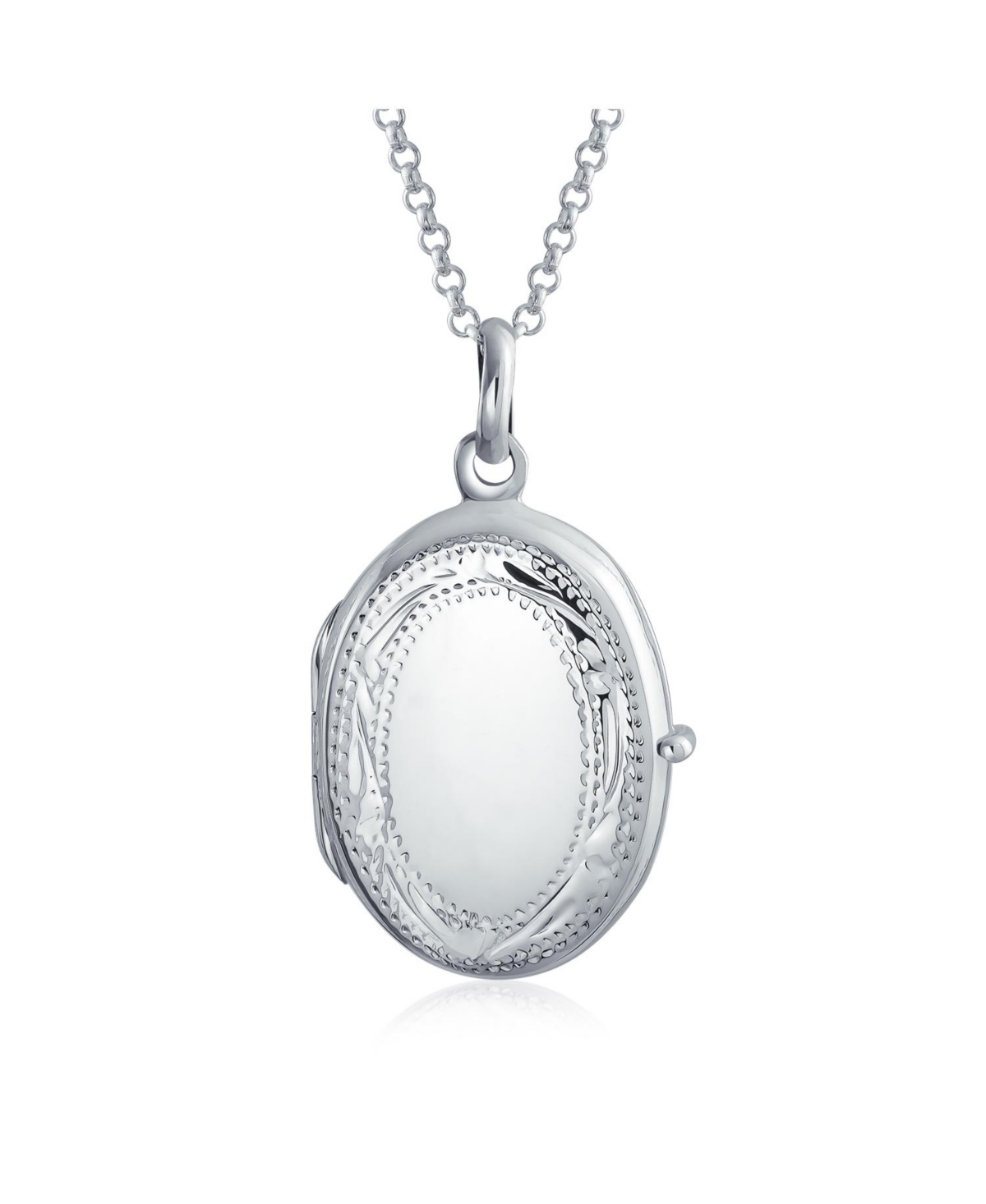 Bling Jewelry Sterling Silver Oval Photo Locket Necklace with Etched Leaf Scroll Design Holds Two Memory Pictures