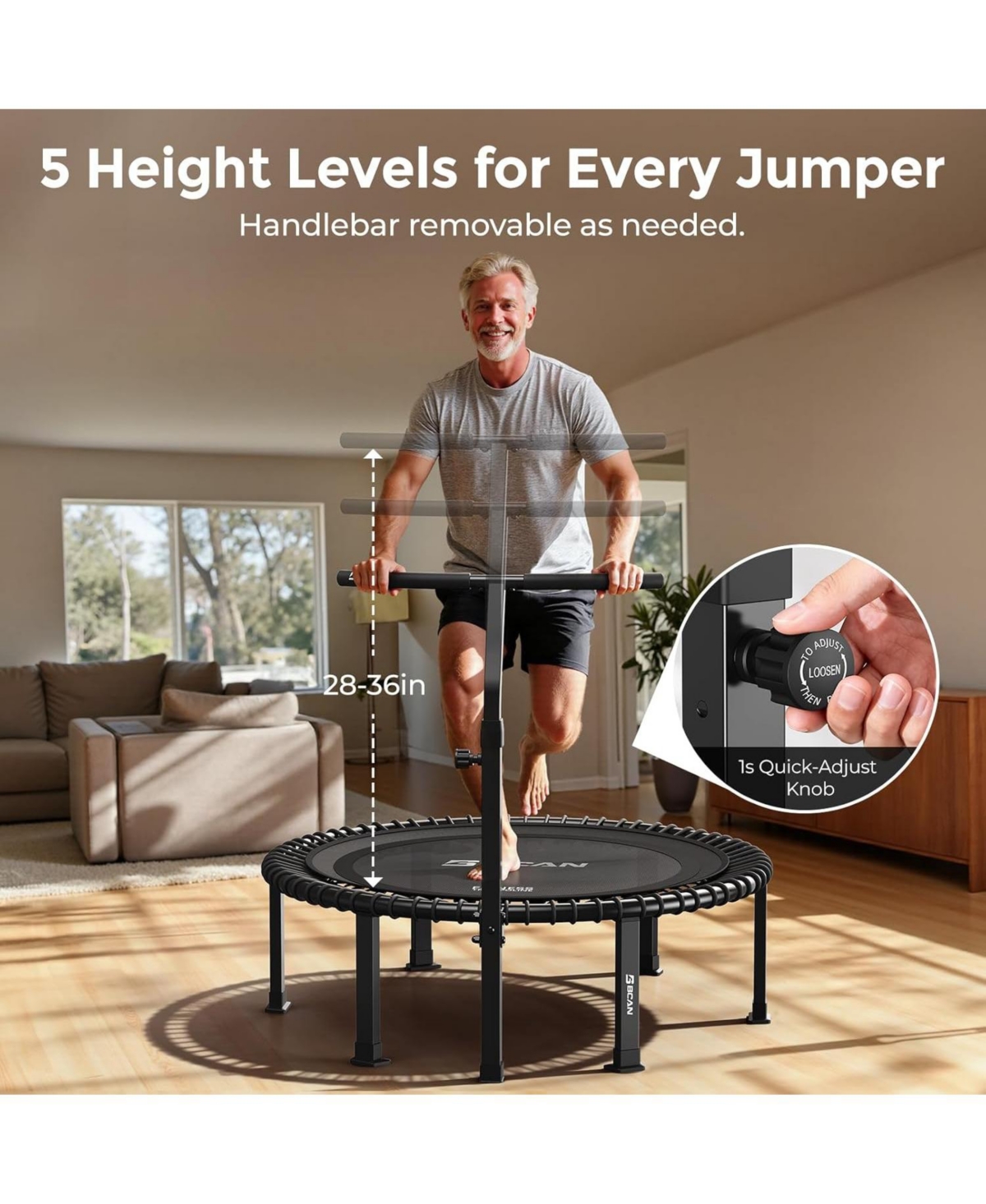 Bcan 48" 500LBS Bungee Trampoline, Quiet Indoor Rebounder with Adjustable Tension and Phone Holder