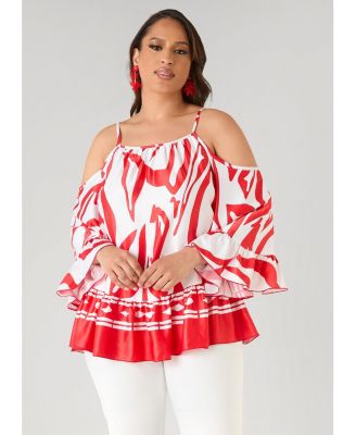 Women's Plus Size Cold Shoulder Printed Satin Blouse
