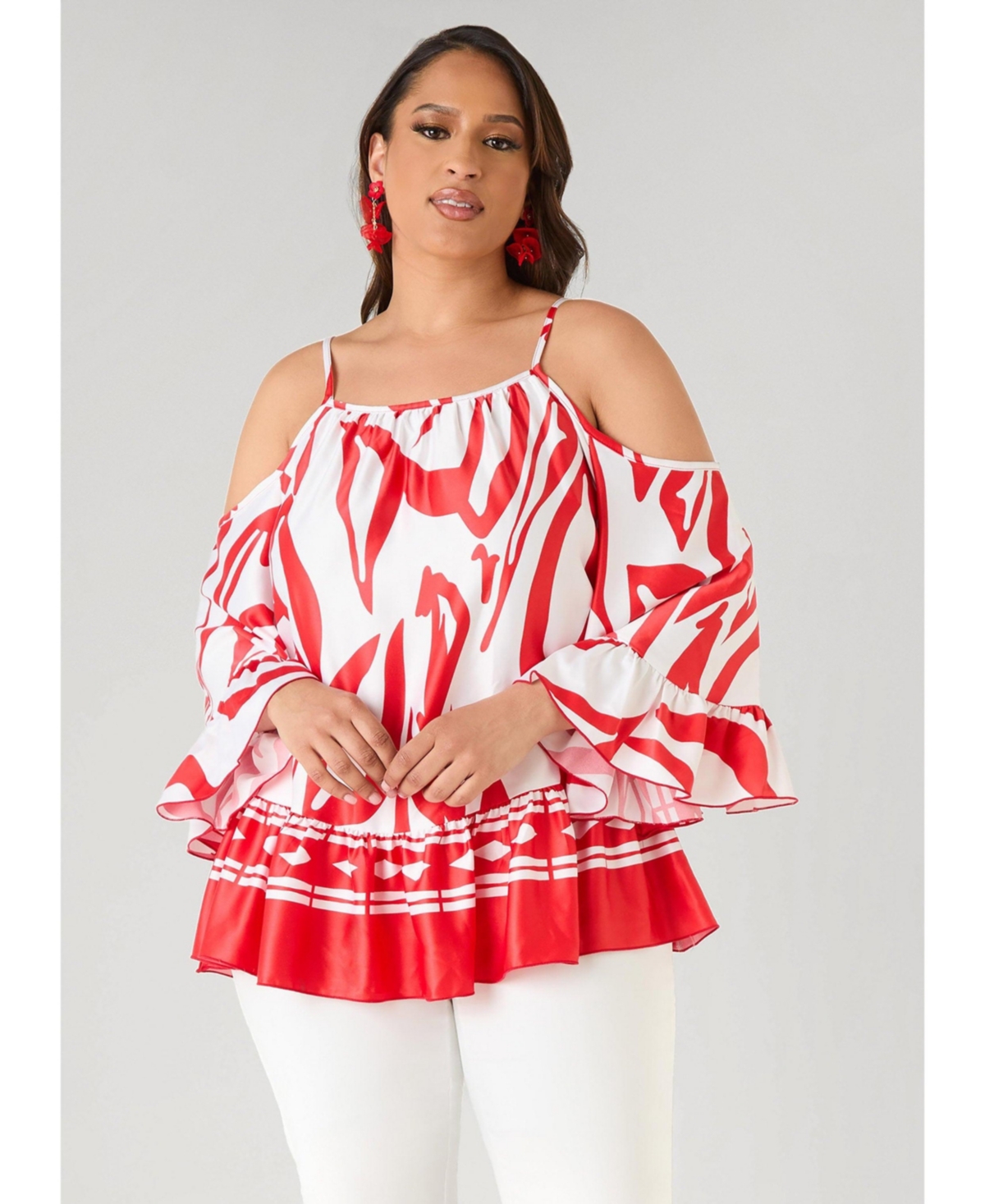 Ashley Stewart Women's Cold Shoulder Printed Satin Blouse