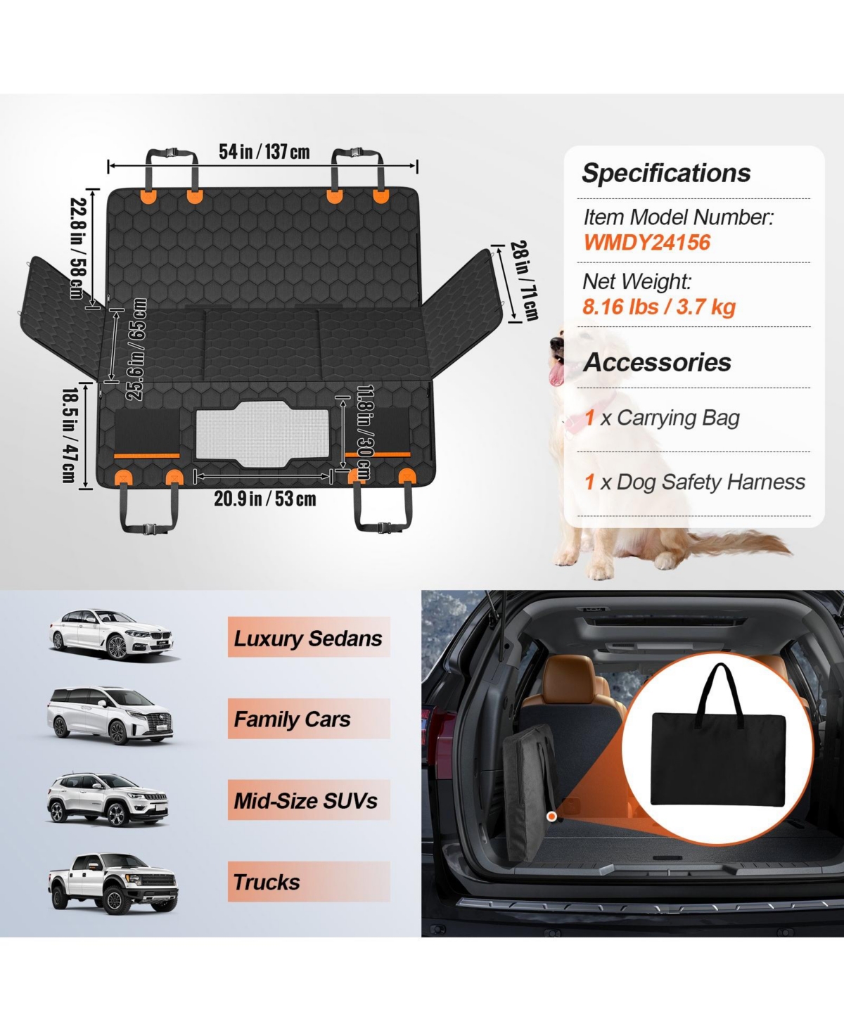 Cozito Dog Back Seat Extender, 54 x 25.6 in Car Seat Cover with Mesh Window and Storage Pockets