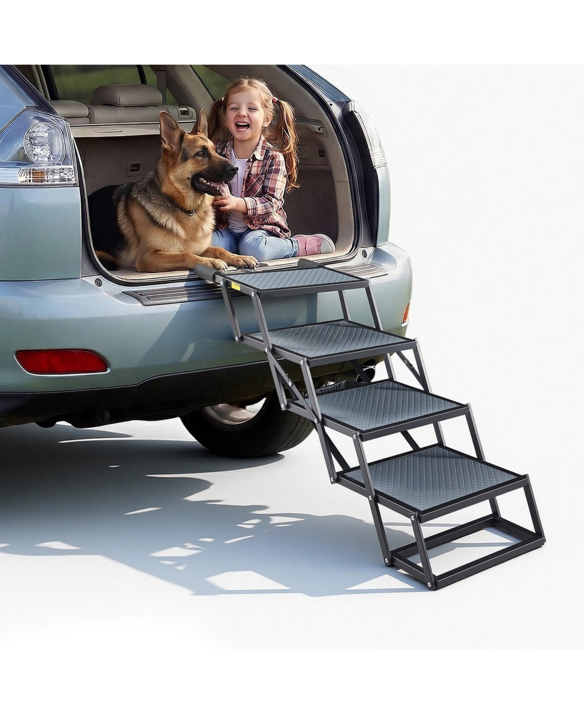 Cozito Dog Stairs for Car 4-Step Extra Wide Foldable Ramp for Large Dogs