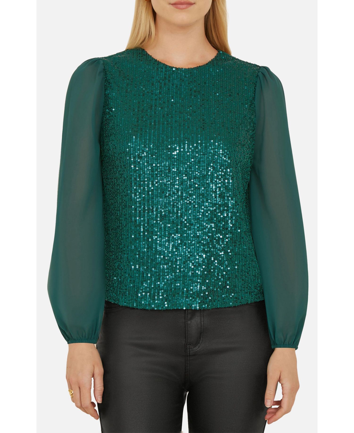 Women's Sheer Sleeve Sequin Top