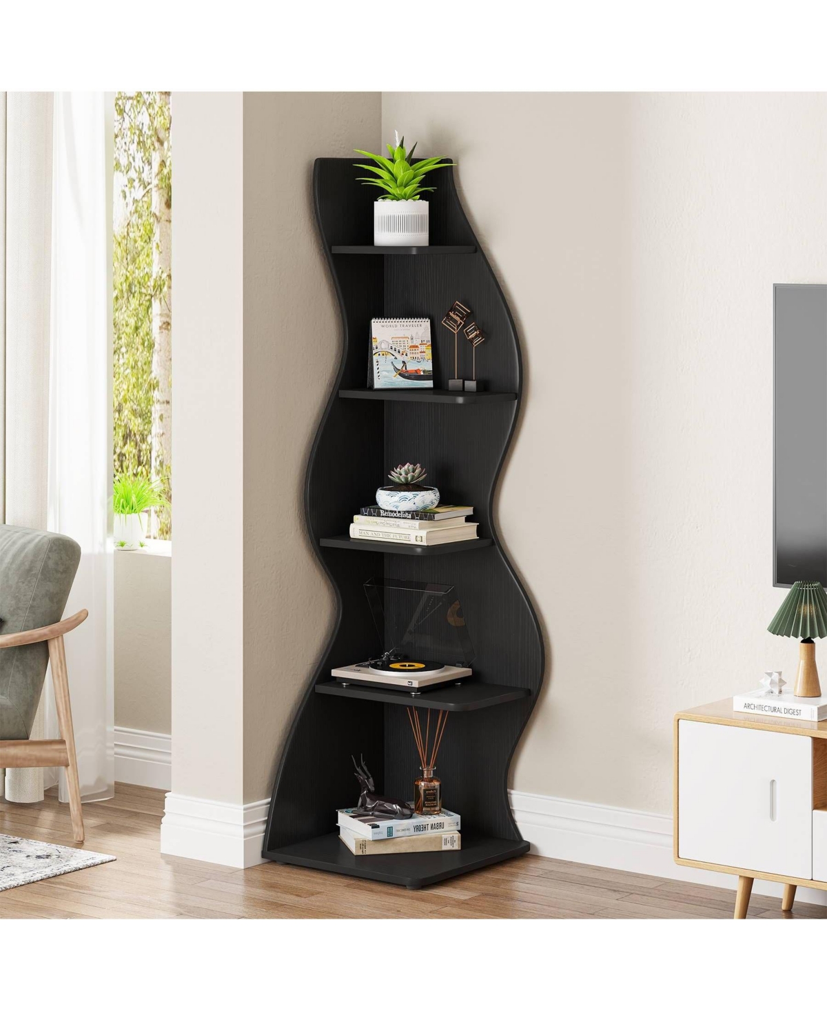 Slickblue Modern Corner Bookcase with 5 Tier Open Storage Shelves