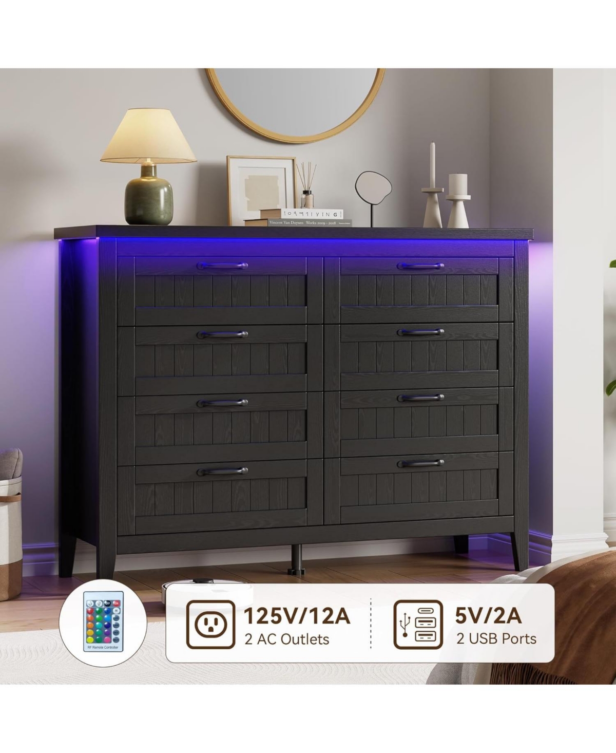 gaomon Farmhouse 5 Drawer Dresser with Charging Station and Led Lights, Slim Wooden Bedroom Dresser
