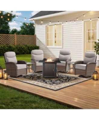 7 Pieces Outdoor Patio Furniture Set with Fire Pit Table,Outside Fire Pit Set with PE Wicker Swivel Rocking Chairs and Coffee Side Table