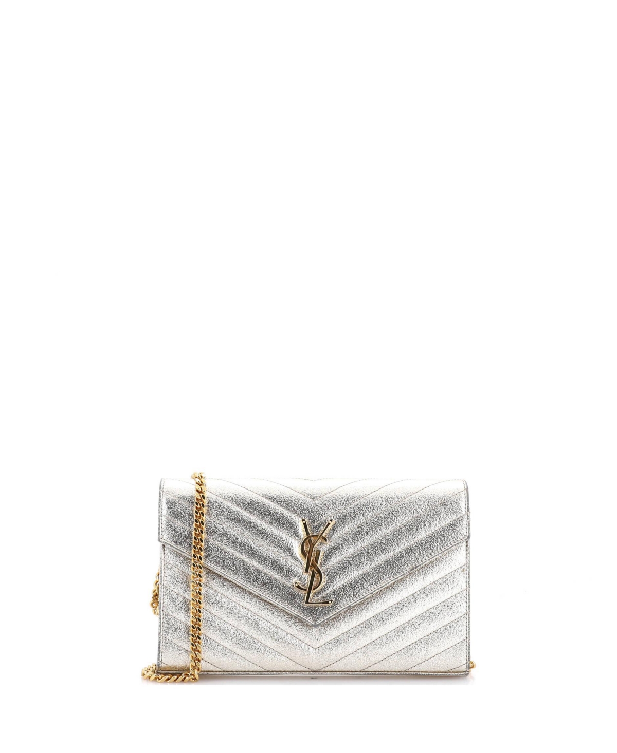 Pre-Owned Saint Laurent Medium Classic Monogram Wallet on Chain Matelasse Chevron Metallic Leather