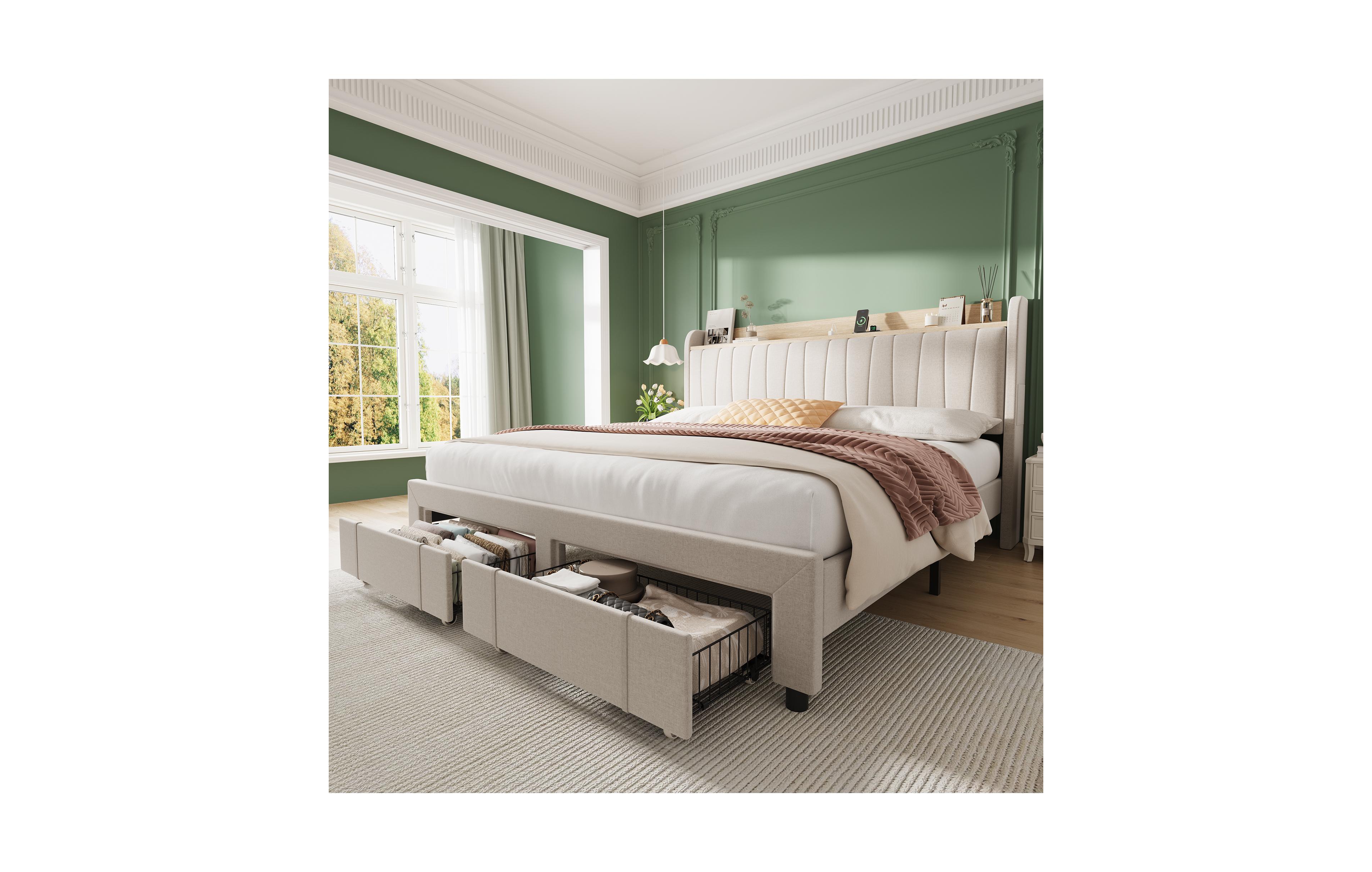 homfan Upholstered Platform Bed with Storage Headboard and Underbed Drawers, Built-in Usb and Ac Ports, Noise-Free, No Box Spring Needed, Easy Assmbly