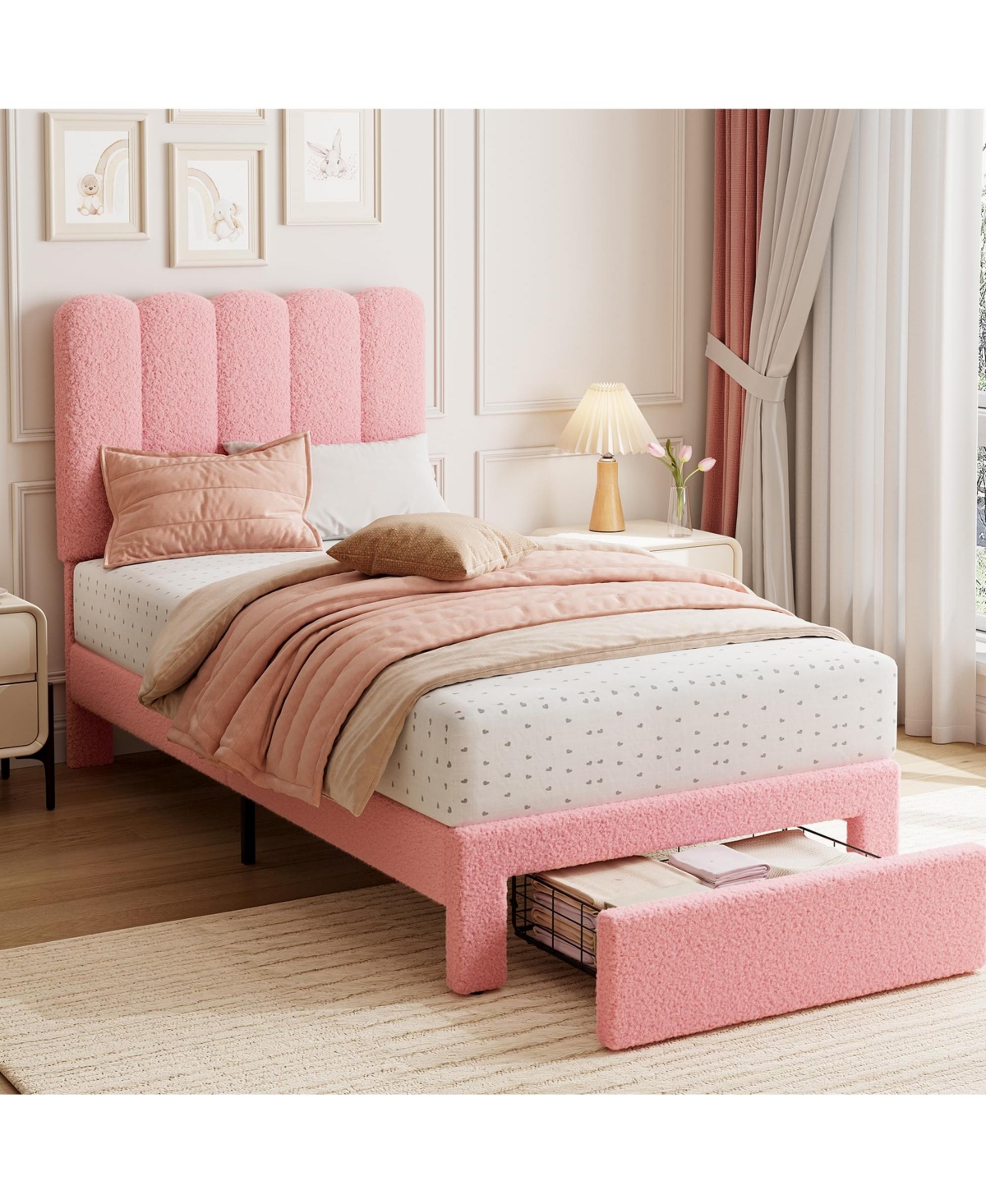 homfan 2 Piece Twin Bed Frame with Under-Bed Drawer, Upholstered Platform Bed with Wave Headboard for Kids, Wooden Slats Support