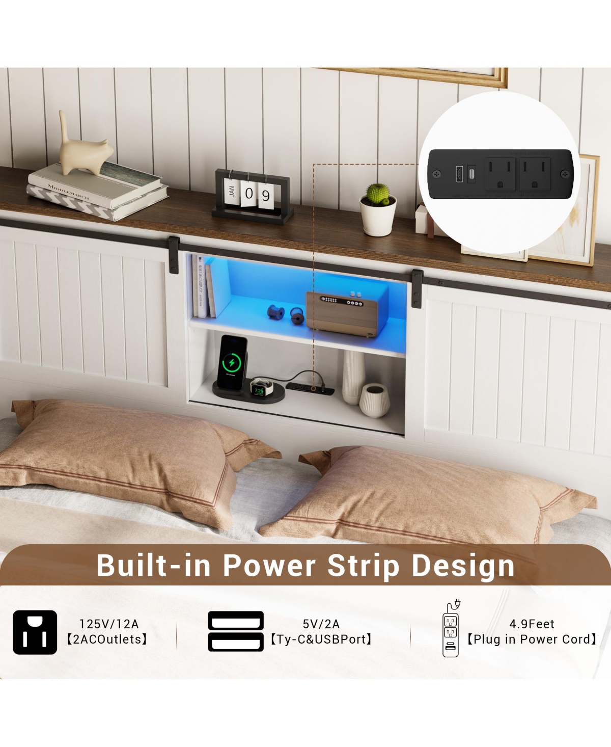 homfan Farmhouse Bed Frame with Bookcase Headboard, Led Lighting, Sliding Barn Doors, Storage and Charging Station, Wood Platform