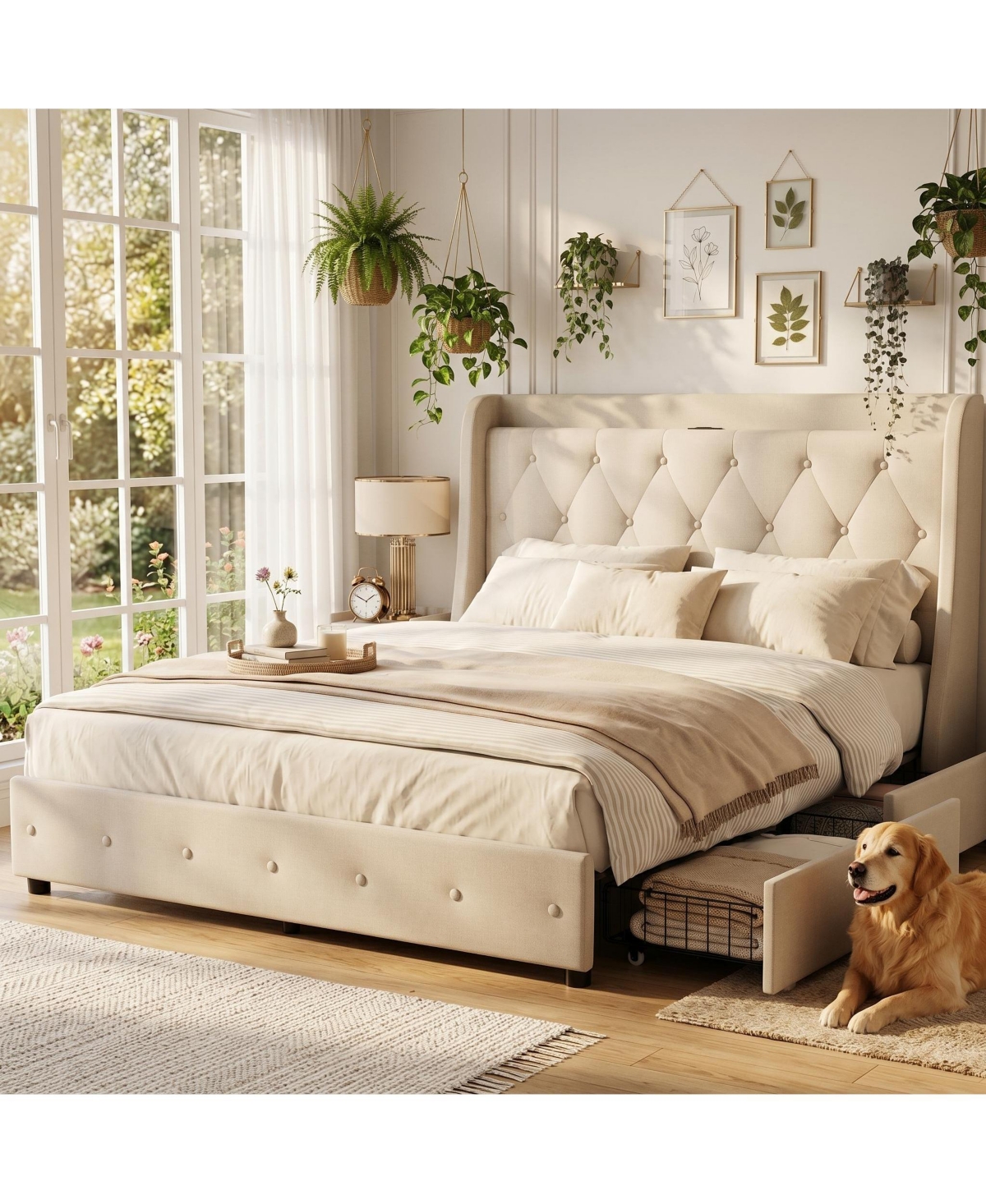 homfan Modern Wingback Upholstered Bed Frame with 4 Storage Drawers, Wooden Slats, Built-in Charging Station