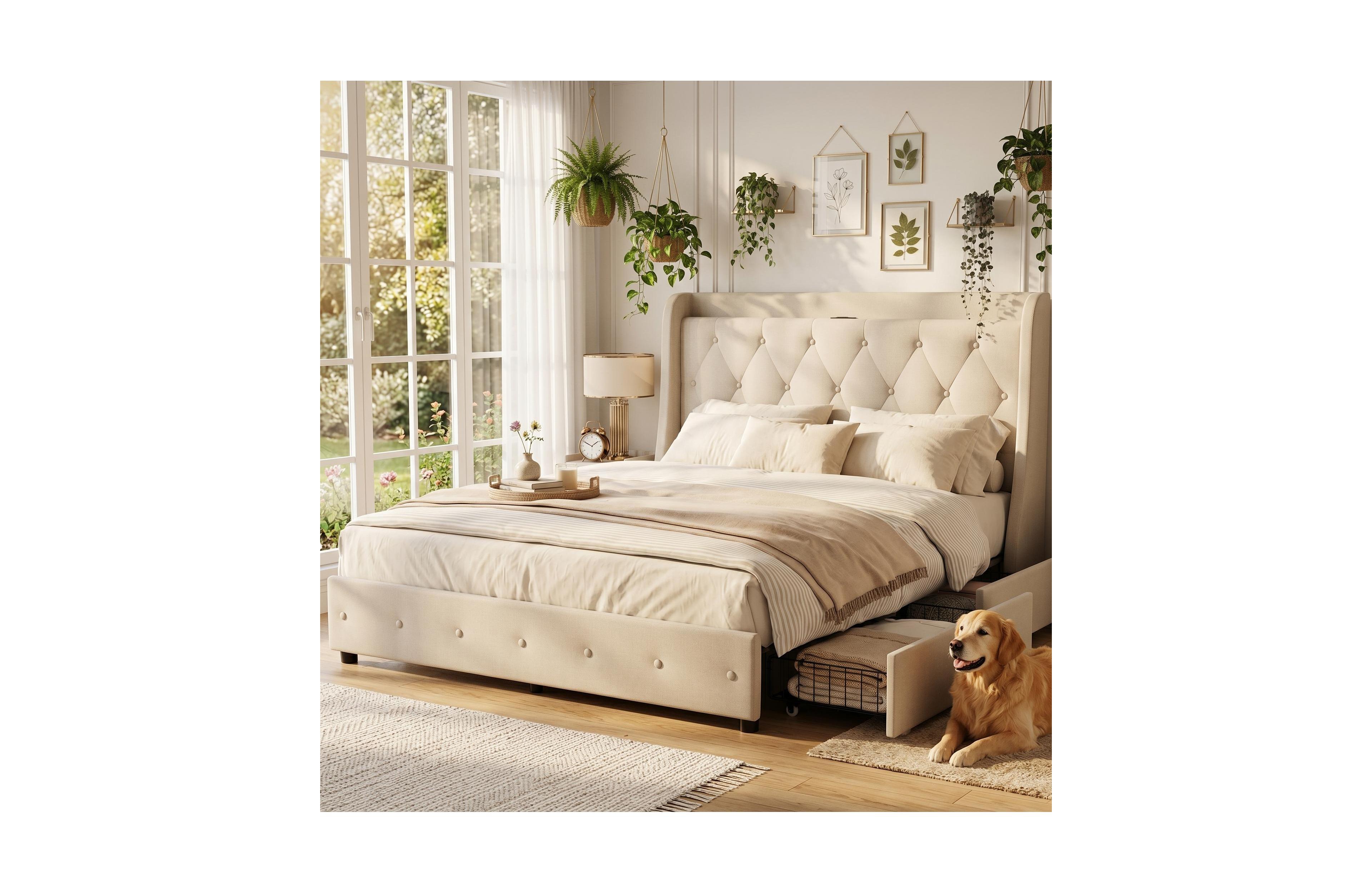 homfan Modern Wingback Upholstered Bed Frame with 4 Storage Drawers, Wooden Slats, Built-in Charging Station