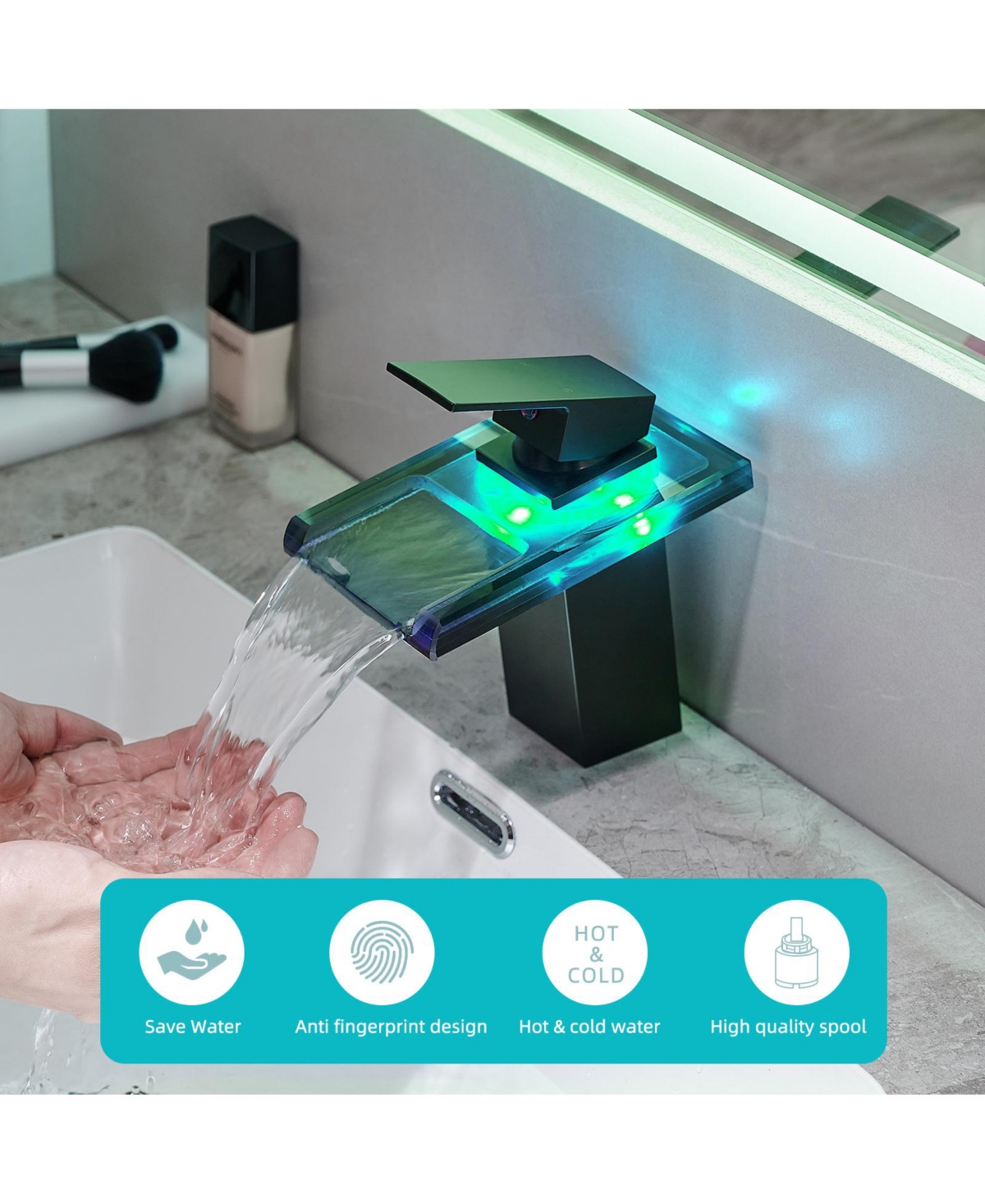 Phying Bathroom Sink Faucet Led Light 3 Colors Changing Waterfall Glass Spout Hot Cold Water Mixer Single Handle One Hole Deck Mounted Bathroom Faucet