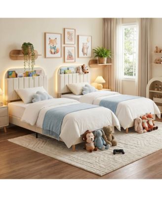 2Piece Twin Bed Frames, Platform Bed with Bookcase Headboard, Velvet Mattress Foundation, Heavy Duty Steel Legs, Easy Assembly