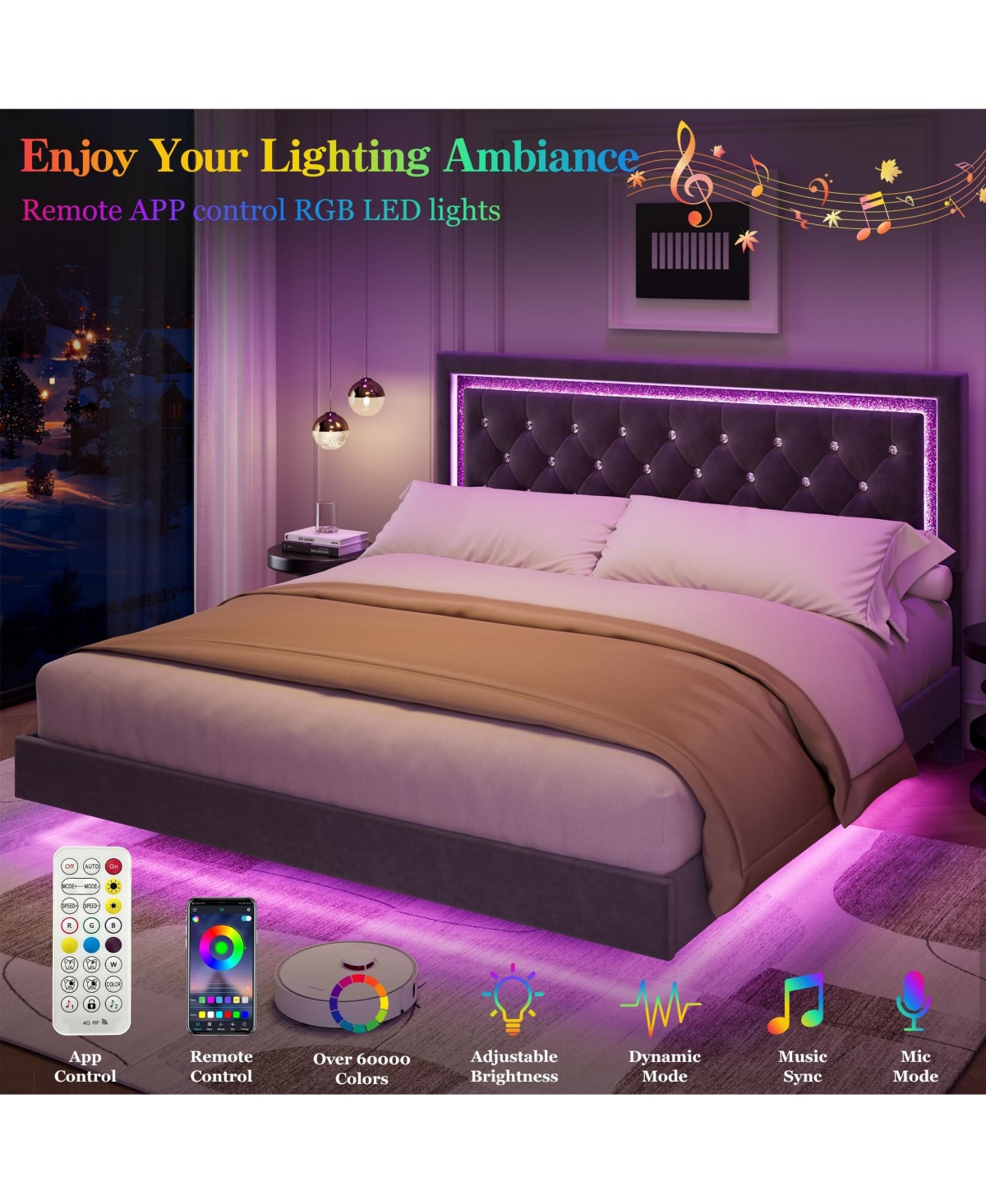 homfan Modern Floating Platform Bed Frame with Diamond Upholstered Headboard, Smart Led Lights, Sturdy Wood Slats