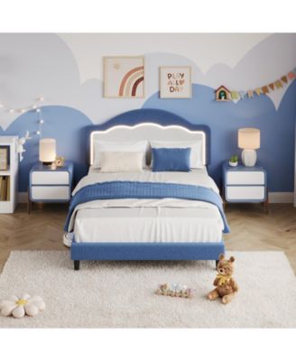 LED Headboard Bed Frame with Soft Sherpa Upholstery, Staple Slat Support, Modern Boucle Styling, No Box Spring Required, Easy Assembly