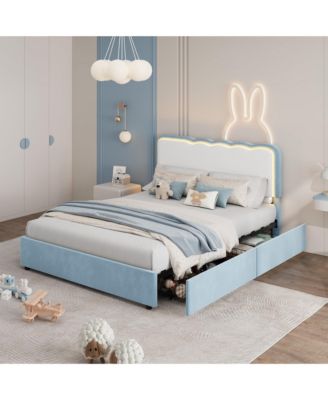 LED Bed Frame with Storage Drawer and Adjustable Headboard, Velvet Princess Platform Bed for Kids, Heavy Duty Metal Support