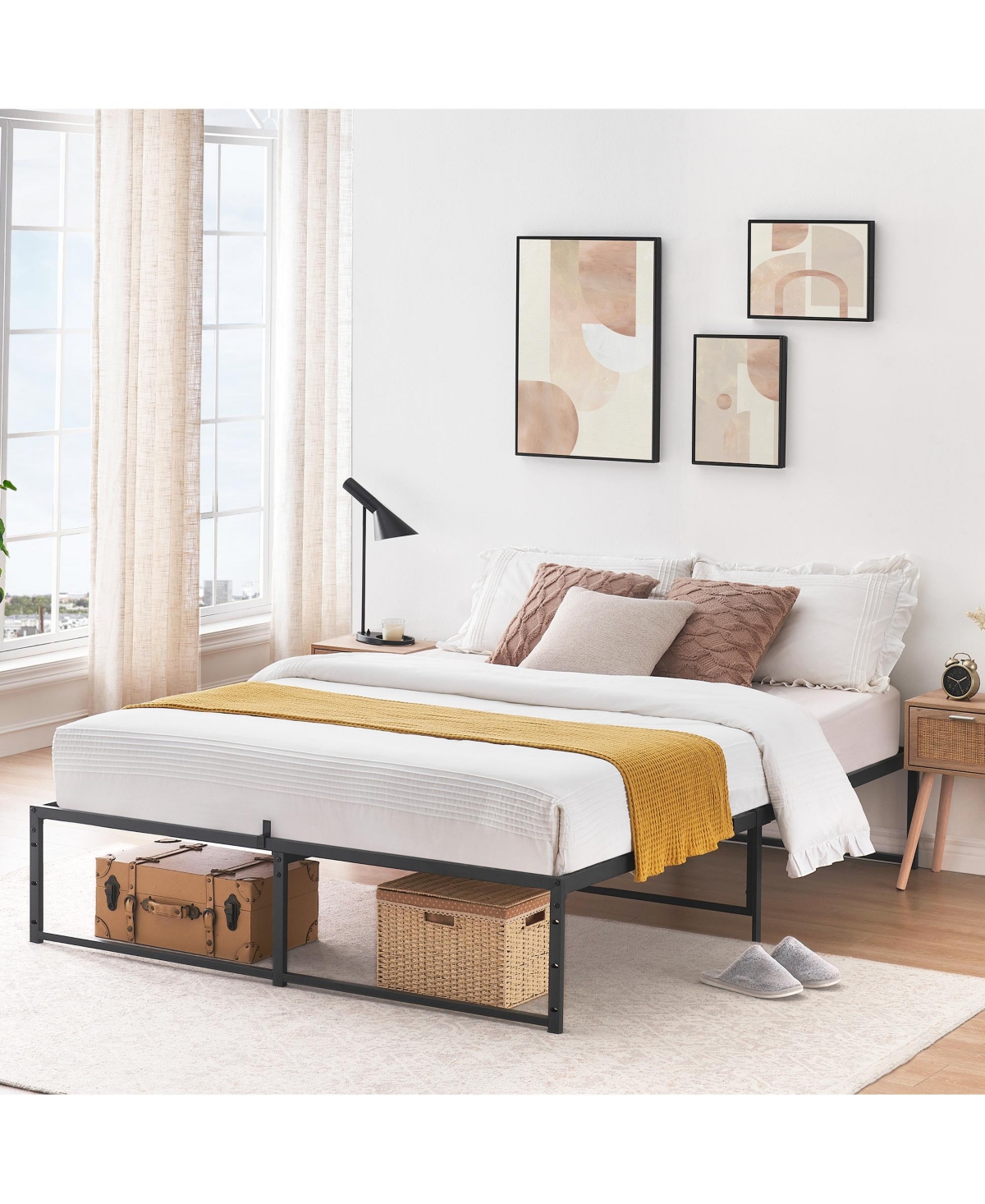 homfan Heavy Duty Noise-Free Metal Platform Bed Frame, Queen Size, Steel Slats, 13" Underbed Storage, 800 lbs Capacity