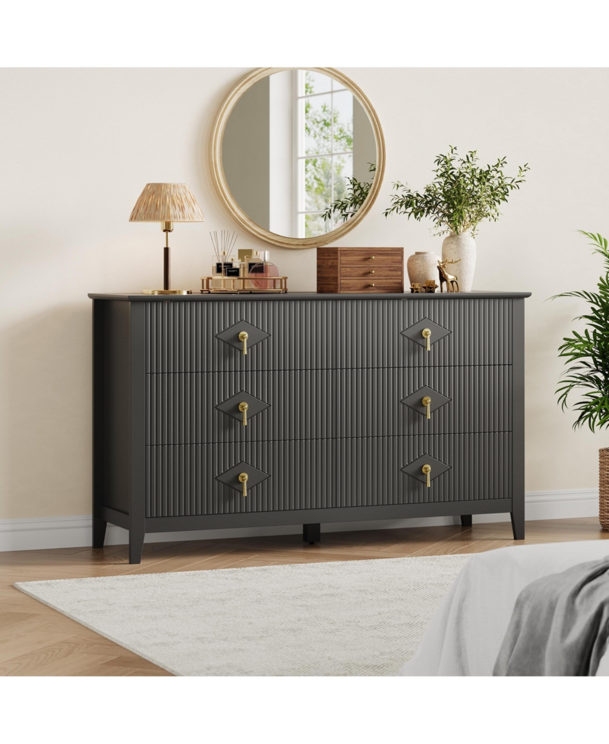 homfan Extra-Wide 6-Drawer Fluted Dresser Chest with Metal Handles, Lacquered Finish Storage Tv Stand for Bedroom, Living Room, Hallway