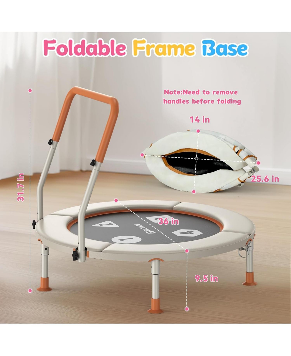 Bcan BT1 36" Toddler Trampoline, Astm Certified Foldable Kids Trampoline with Adjustable Handle, Indoor Outdoor Gift for 1-6 Years Old