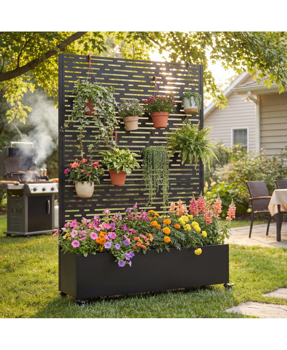 Streamdale Furniture Metal Raised Garden Bed with Wheels, Trellis, and Privacy Screen, 73"x47"x16