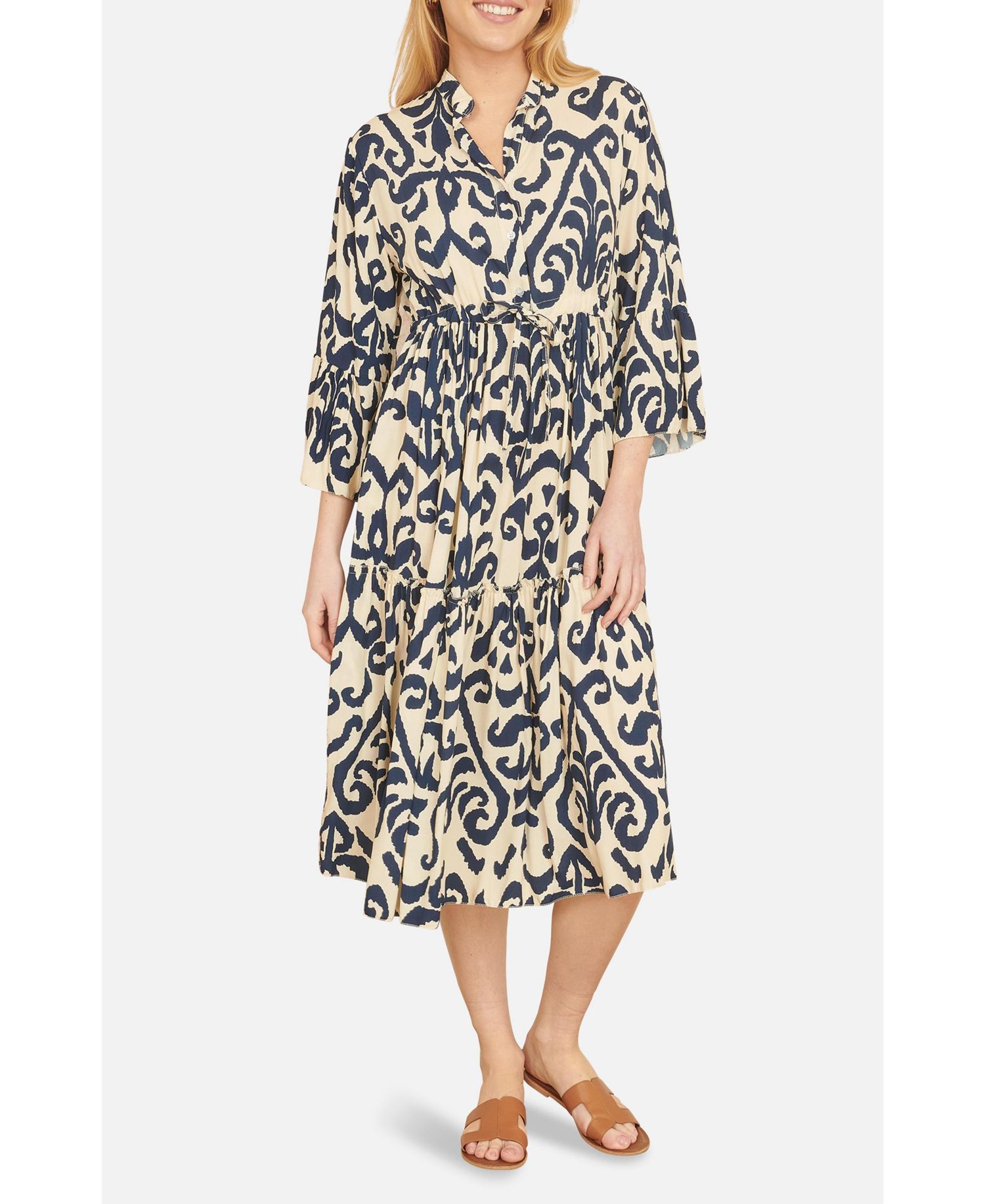 Women's 3/4 Sleeve Block Print Kaftan Dress